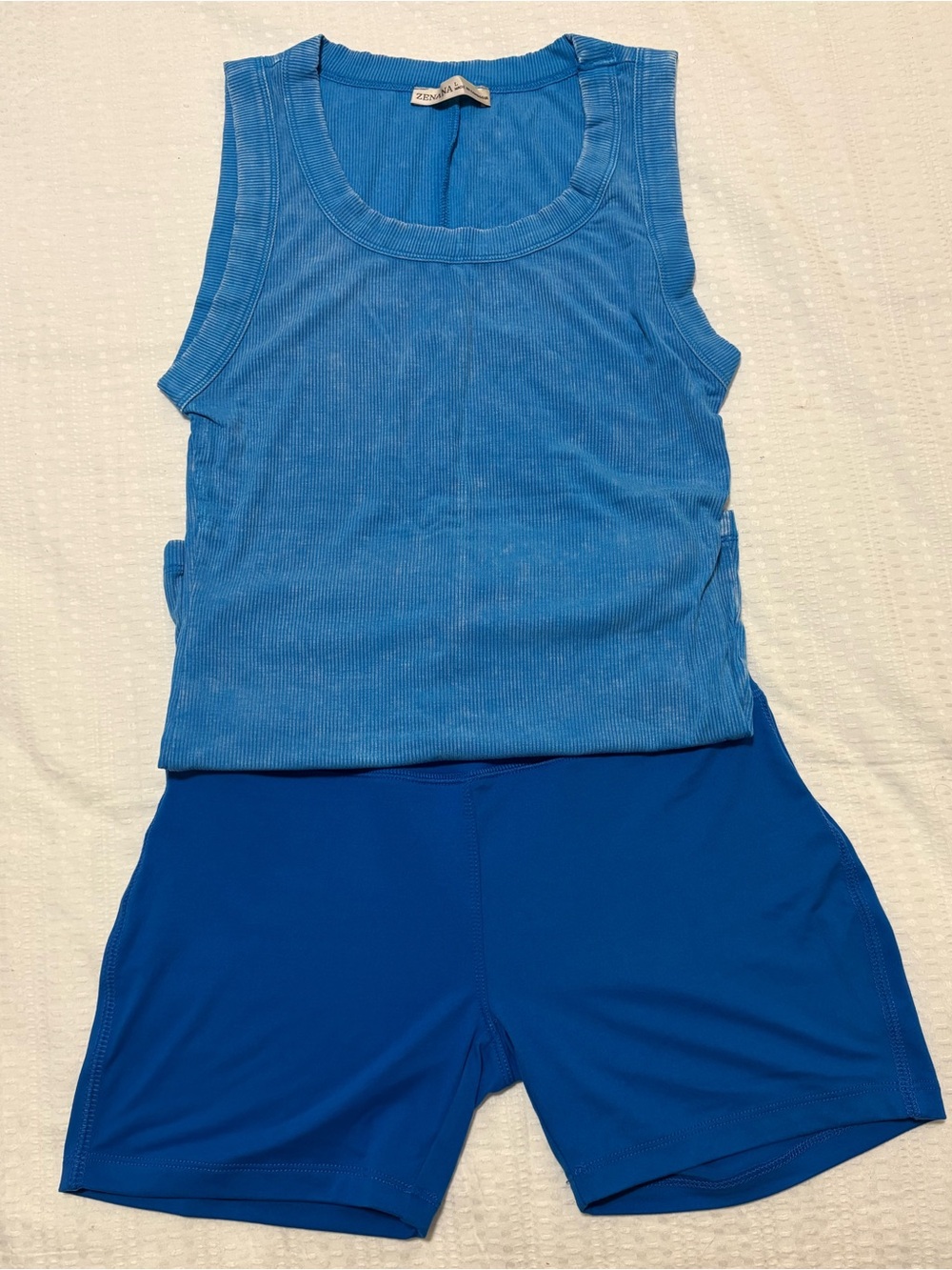 NWOT Size L Zenana 2pc Tank + Biker Shorts Set Washed Blue/Royal